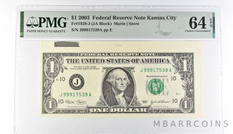 PMG 64 Choice Unc EPQ $1 2003 FRN Kansas City Fr#1928-J Misalignment Error *3206