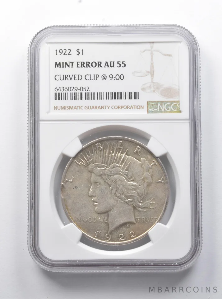 Error AU55 1922 Peace Silver Dollar Curved Clip @ 9:00 NGC *7907