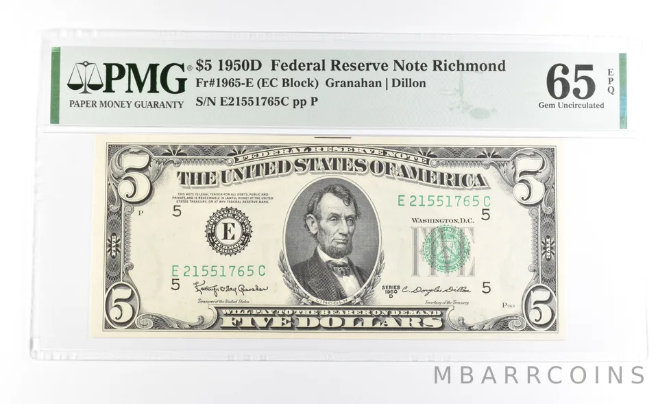 PMG 65 Choice Unc EPQ 1950 D $5 Richmond, VA US FRN Green Seal Fr#1965-E a1046