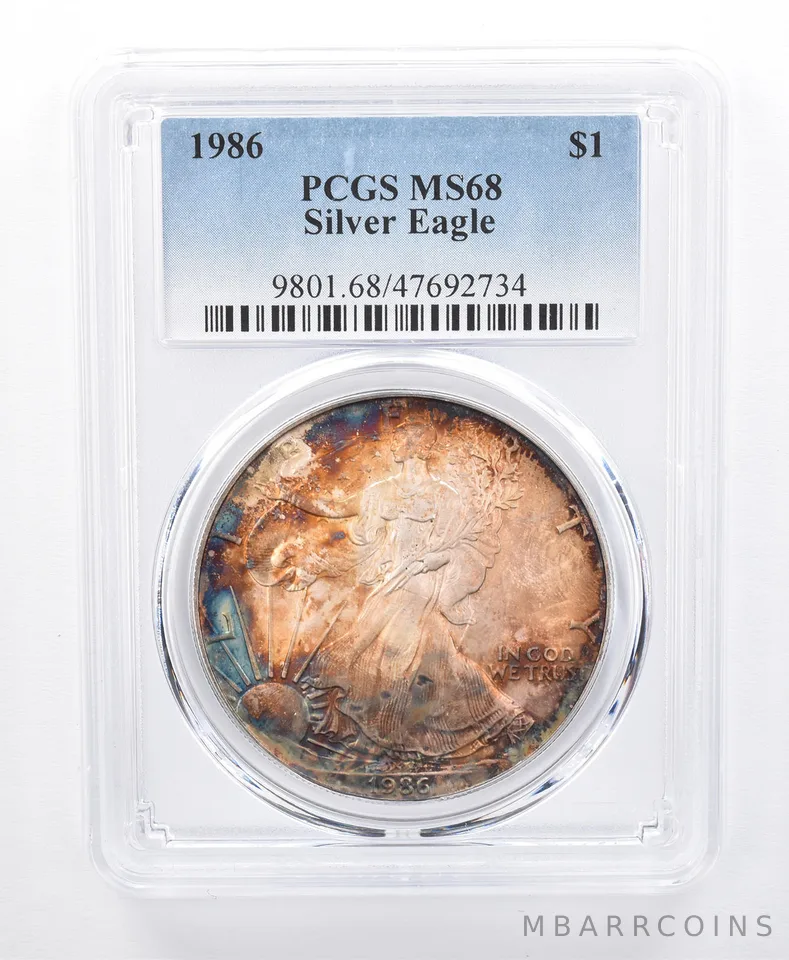 1986 American Silver Eagle MS68 PCGS Orange/Blue Tone *8616