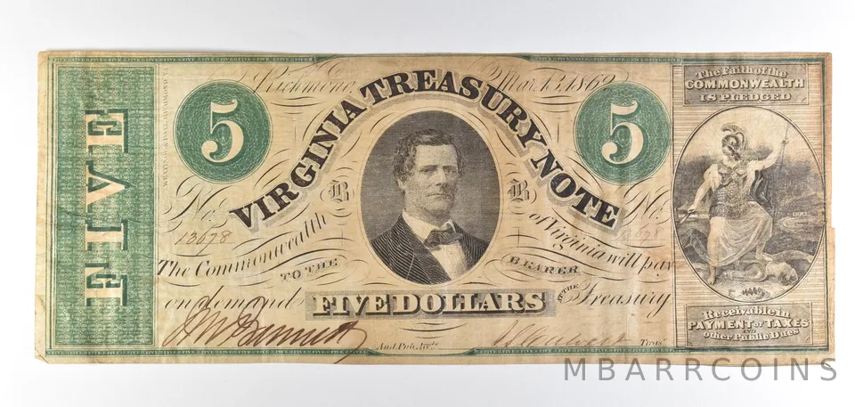 1862 $5 Richmond VA Treasury Note Obsolete Note *8754
