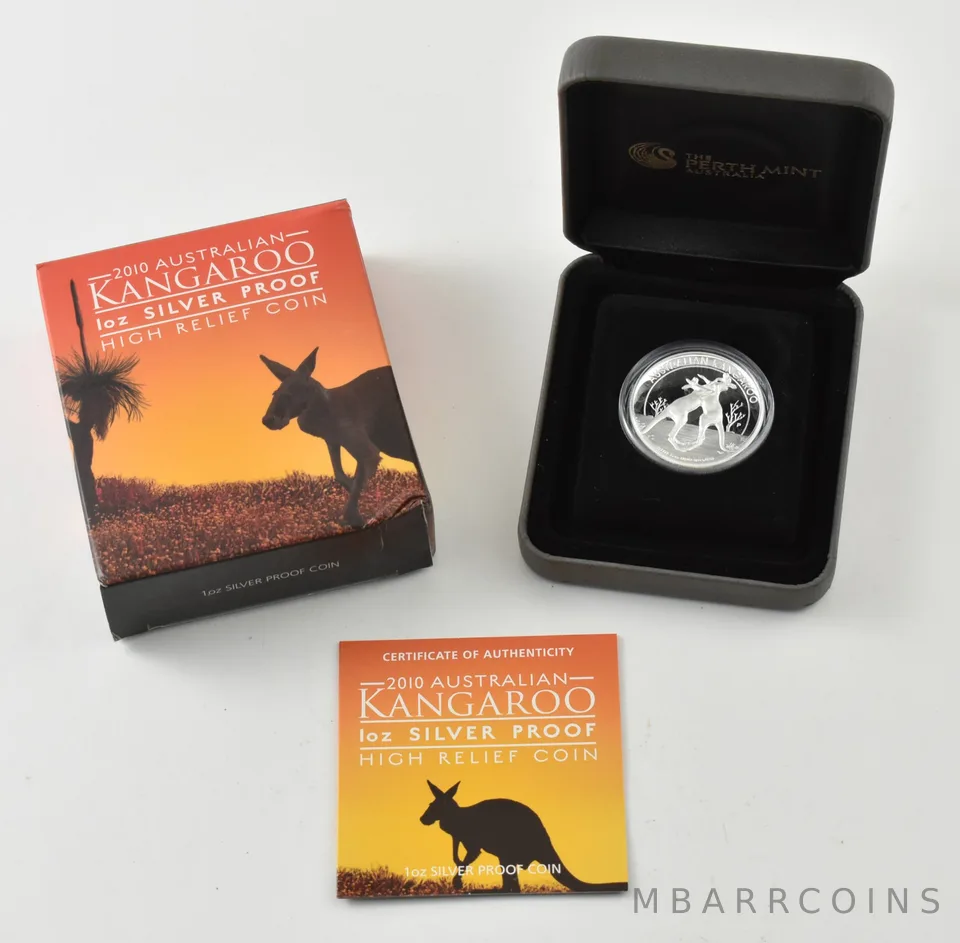 2010 Australia 1 Oz Silver Dollar Kangaroo High Relief w/Box & COA OGP