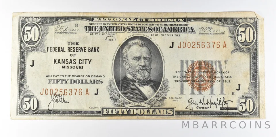 1929 $50 National Currency Kansas City MO Brown Seal a8066