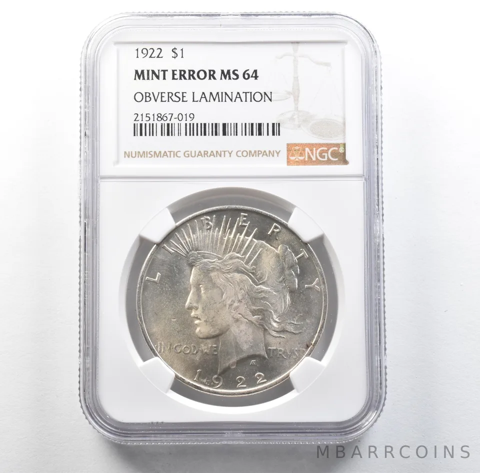 1922 Peace Silver Dollar Mint Error Obverse Lamination MS64 NGC *3174
