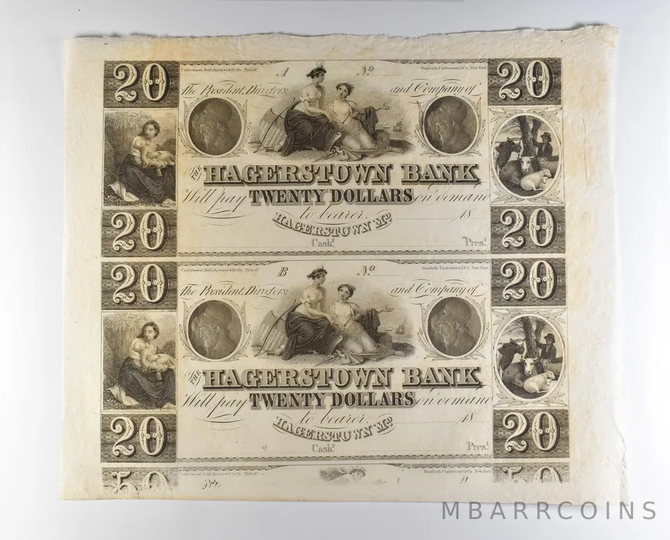 Lot (2) 1800s $20 Hagerstown MD Bank Obsolete Note Uncut *8709