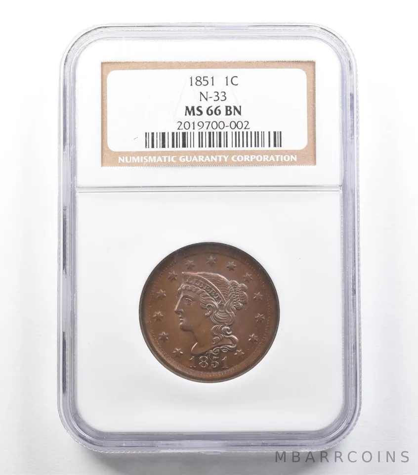 1851 Braided Hair Large Cent N-33 MS66 BN NGC *5850