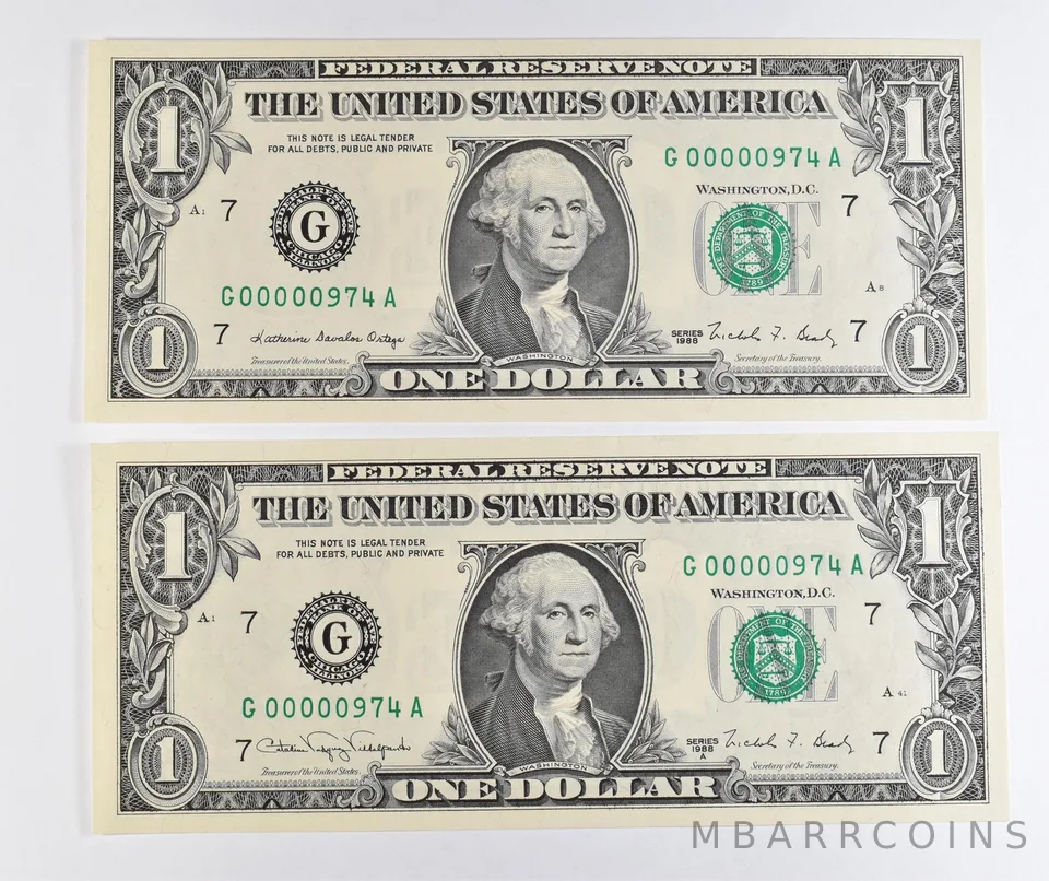 Lot (2) Matching Low Serial Numbers 1988/1988 A $1 Chicago IL *1717
