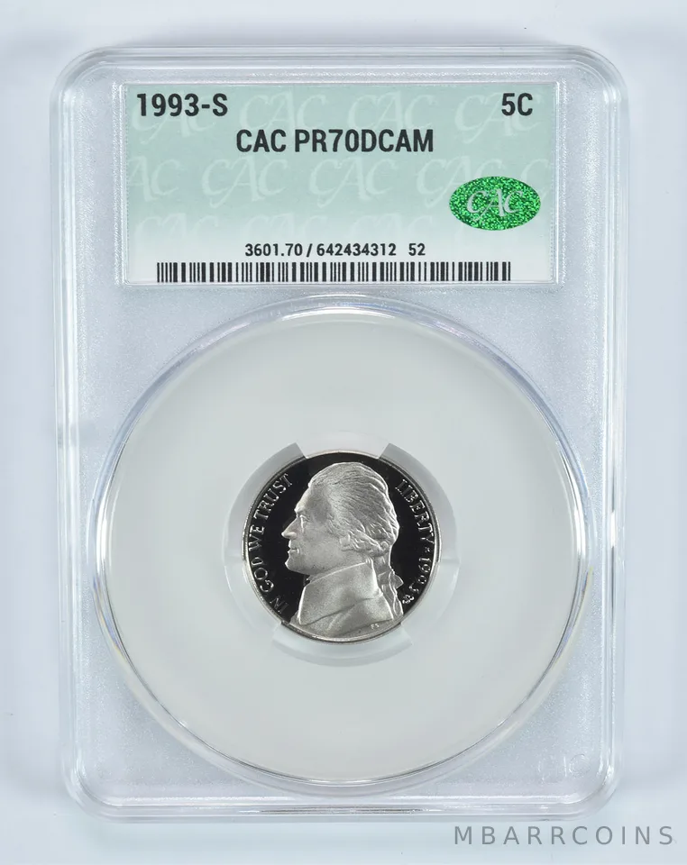 1993-S Jefferson Nickel PR70 DCAM CAC CACg