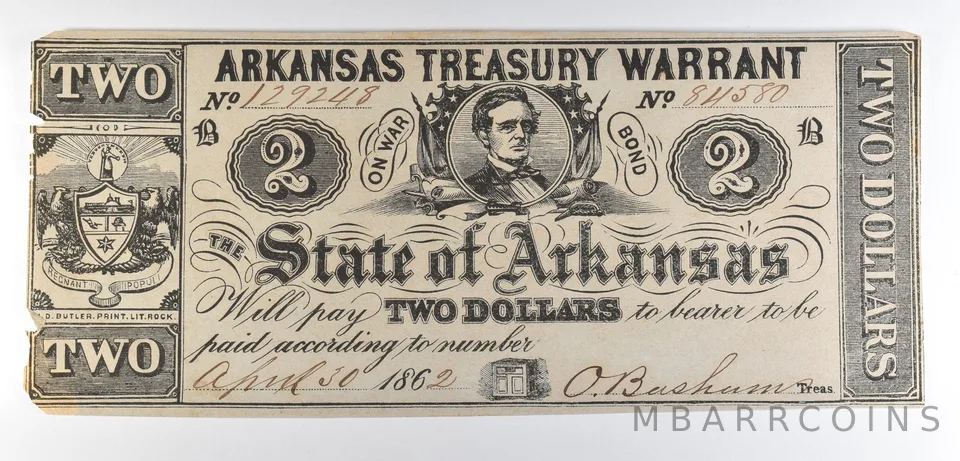 1862 $2 Arkansas Treasury Warrant Obsolete Note *8601
