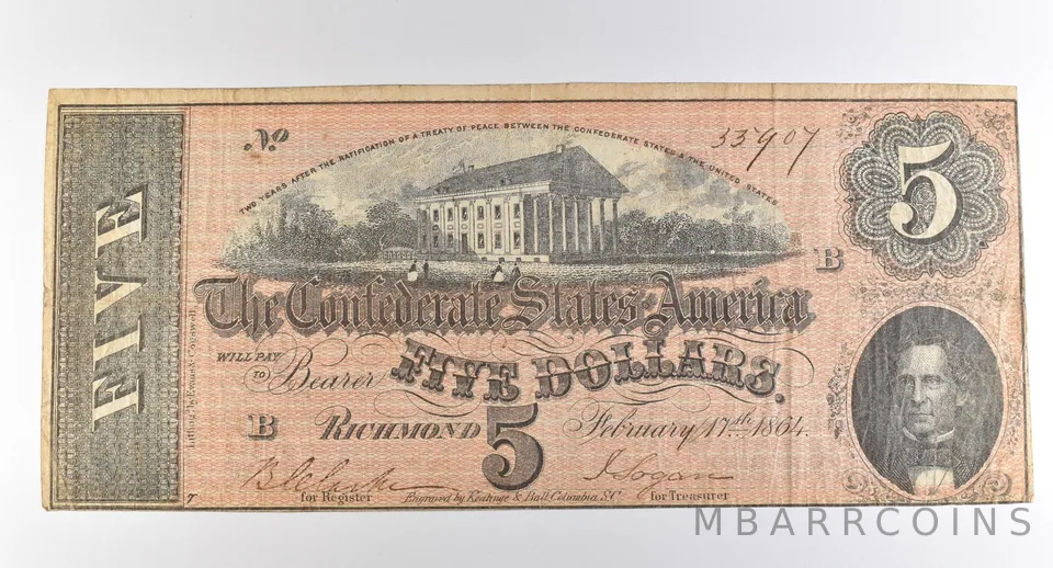 1864 $5 Richmond VA Confederate States Of America Obsolete Note *3874
