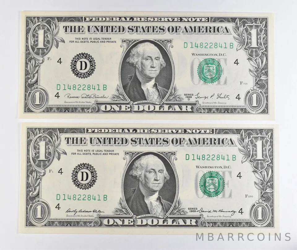 Lot (2) Matching Radar Numbers 1969/1969 D $1 Cleveland OH FRN *1710
