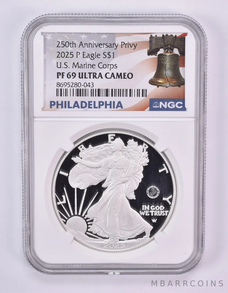 2025-P American Silver Eagle Marine Corps Privy PF69 UCAM NGC Bell Label