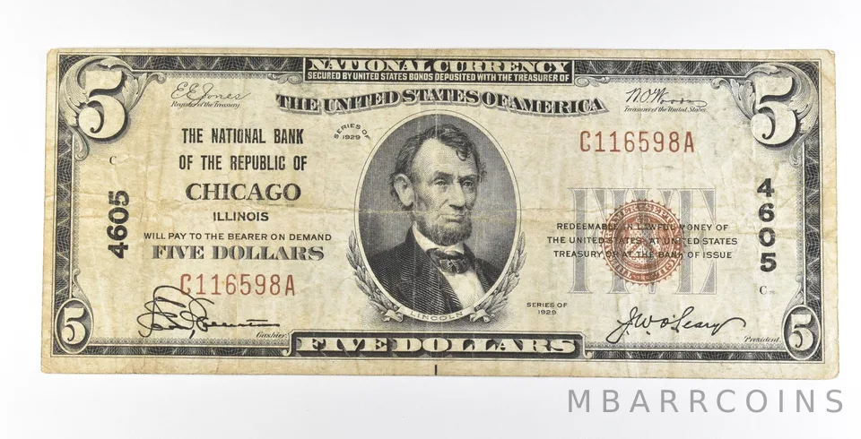 1929 $5 Chicago IL National Currency Ch#4605 *5606