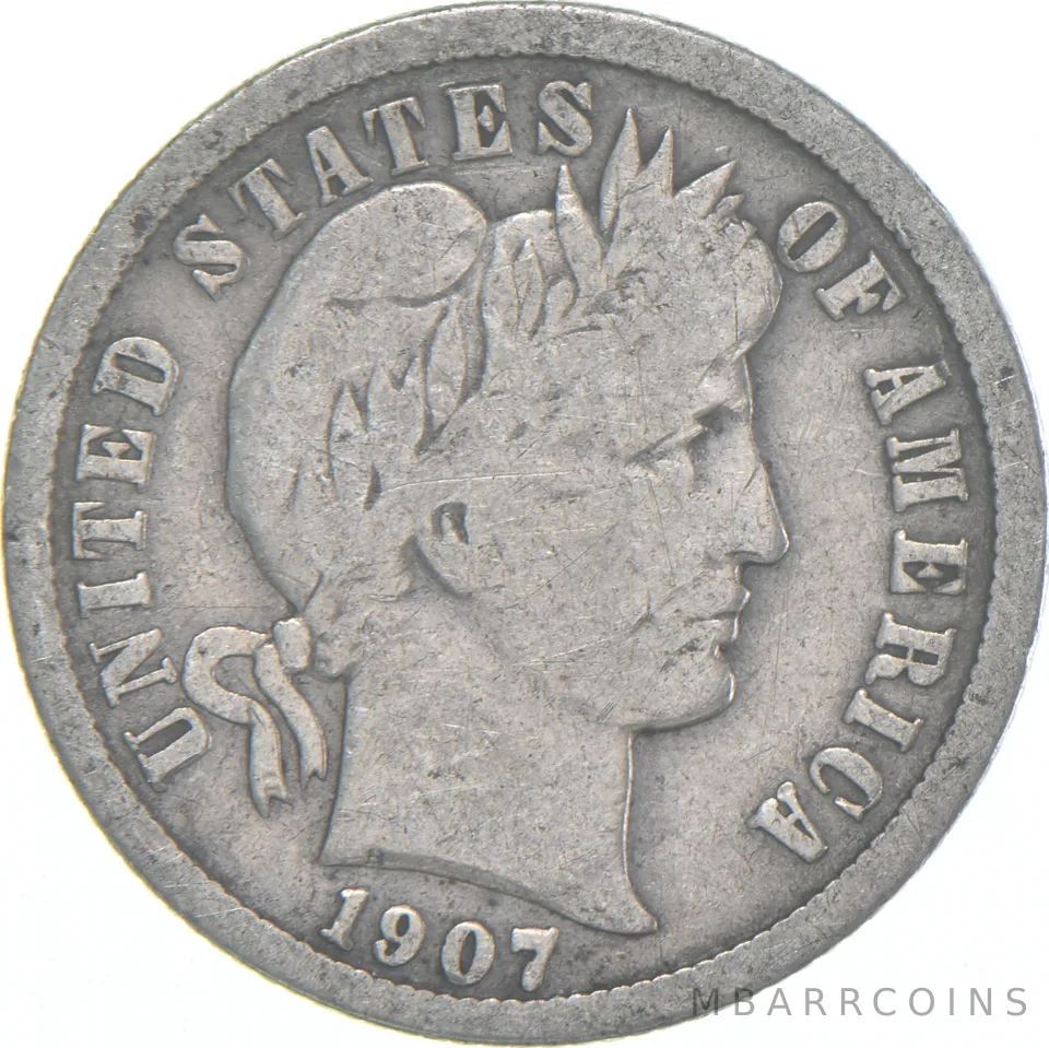 1907-P Barber Dime 90% Silver Average Circ