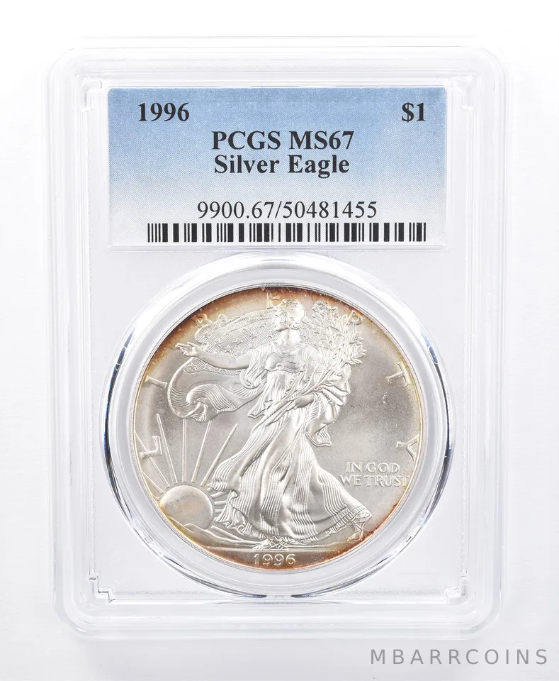 1996 American Silver Eagle MS67 PCGS Yellow Tone Reverse *8630