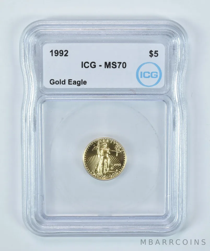 1992 $5 American Gold Eagle 1/10 Oz Gold MS70 ICG