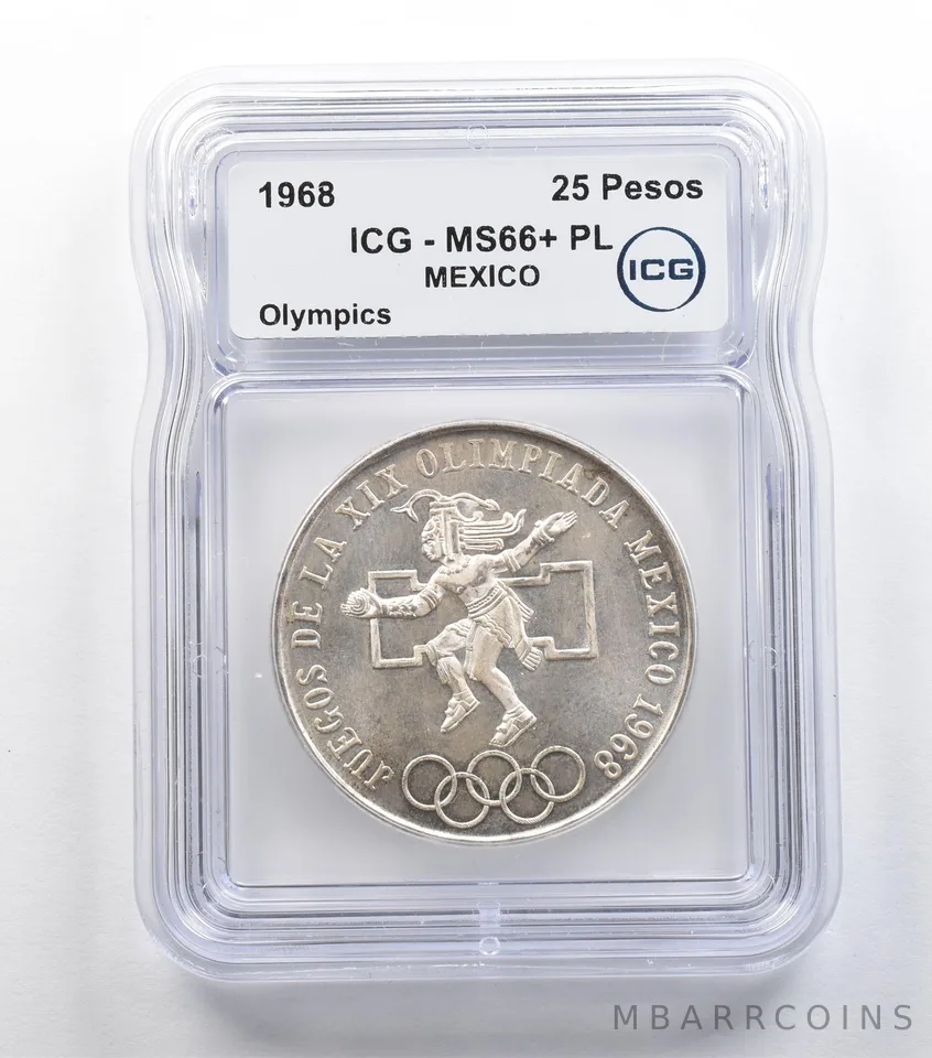 1968 Mexico 25 Pesos Olympics MS66+ PL ICG *5425