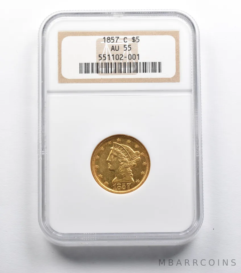 AU55 1857-C $5 Liberty Head Gold Half Eagle NGC a2360