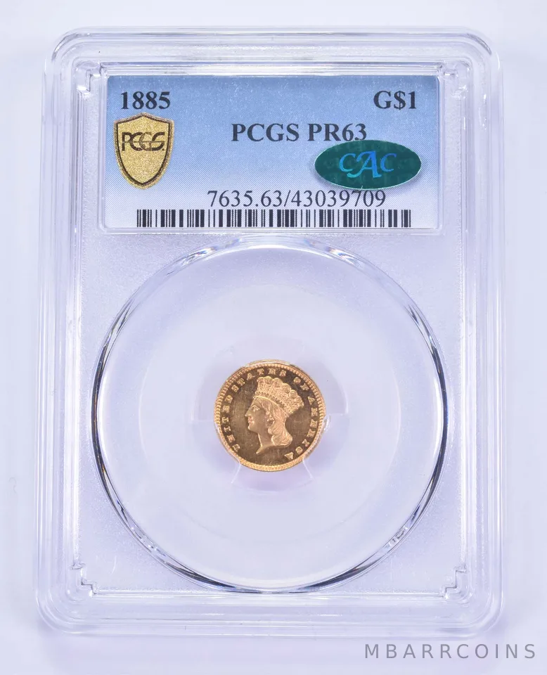PR63 1885 $1 Indian Princess Head Gold Dollar Piece - CAC - Graded PCGS *8531