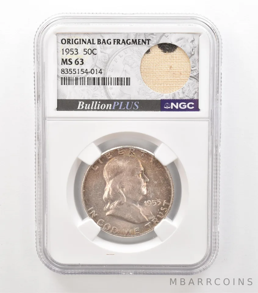 1953 Franklin Half Dollar Original Bag Fragment MS63 NGC Beautiful Tone a3629