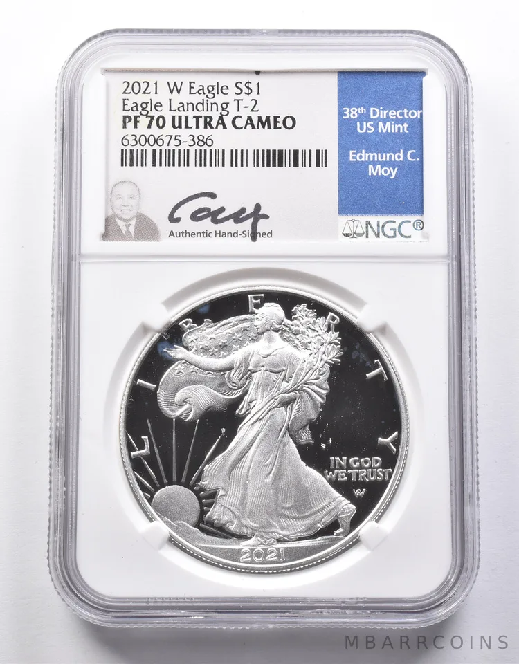 PF70 UCAM 2021-W American Silver Eagle Landing T-2 Moy Signed NGC *8623