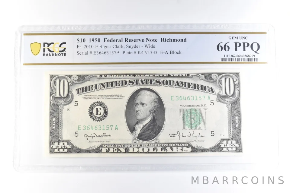 1950 $10 Richmond VA FRN Fr#2010-E Gem Unc 66 PPQ PCGS *6062