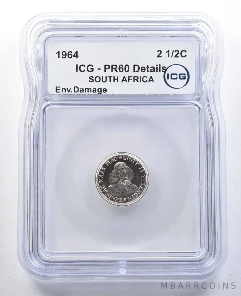 1964 South Africa 2 1/2 Cents PR60 Details Environmental Damage ICG *3279