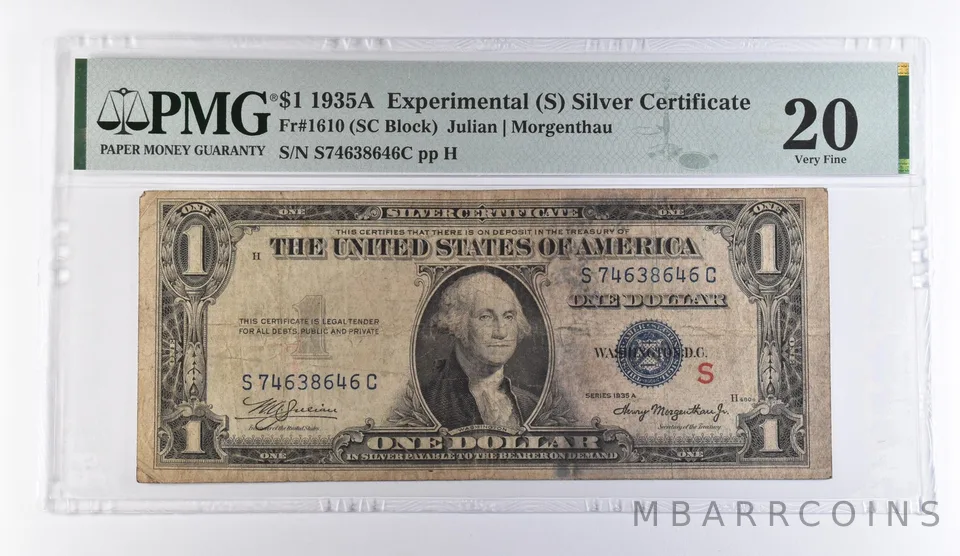1935 A $1 Experimental (S) Silver Certificate Fr#1610 VF 20 PMG *9418