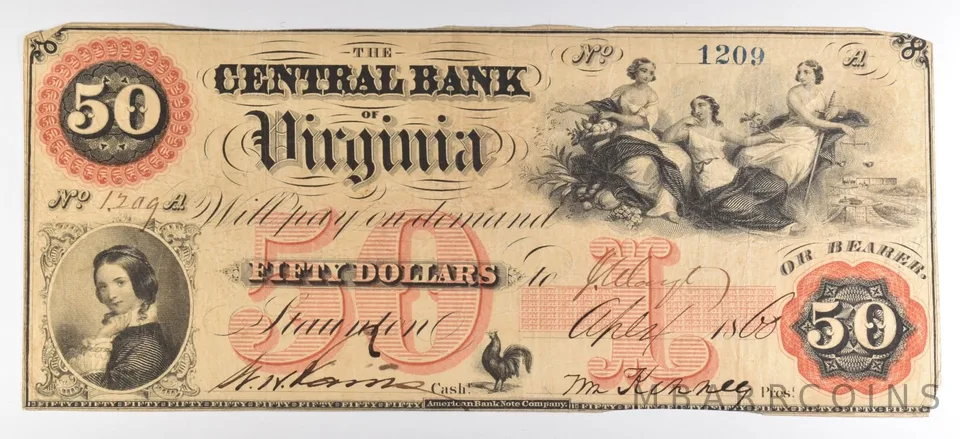 1860 $50 Bank Note Virginia Central Bank Of Virginia Large Note N *5582