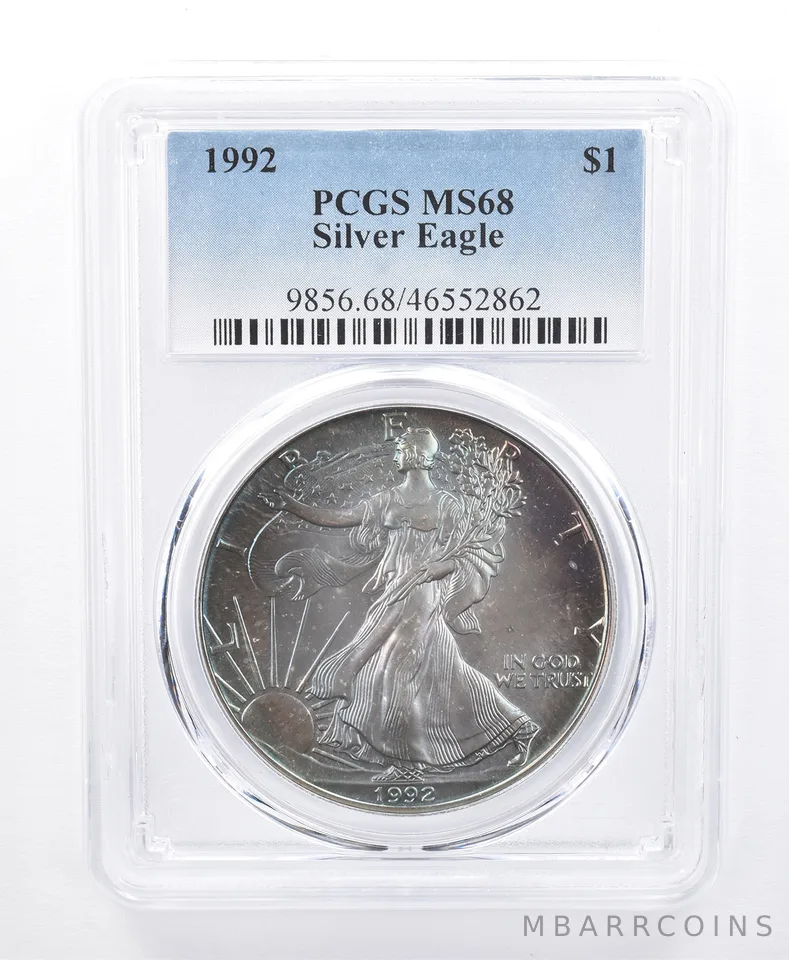 1992 American Silver Eagle MS68 PCGS Blue/Green Tone *8656