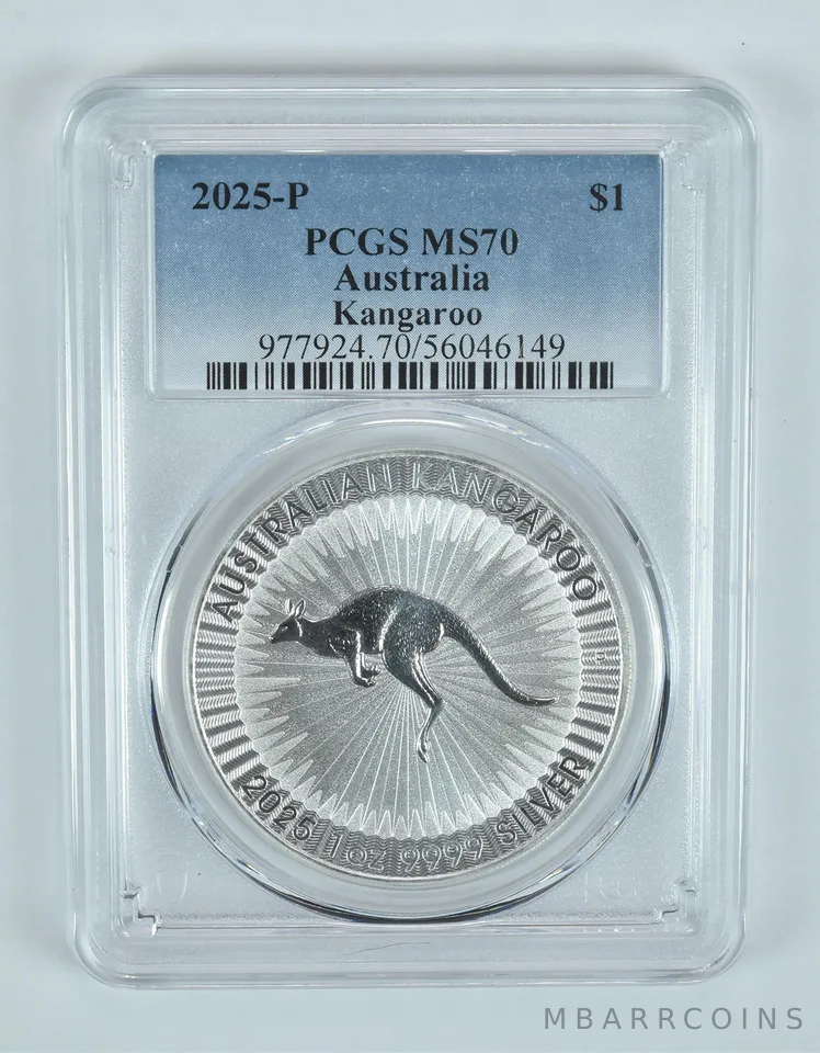 2025 P Australia 1 Dollar Silver Kangaroo MS70 PCGS Blue Label