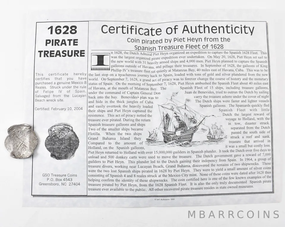 1600's Mexico 8 Reales Lucayan Beach Shipwreck W/ CoA *9079