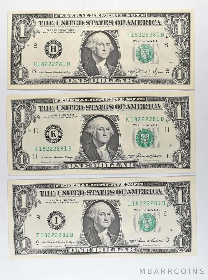 Lot (3) Matching Serials 1981 A/1985 $1 St Louis/Dallas/Minneapolis FRN *1735