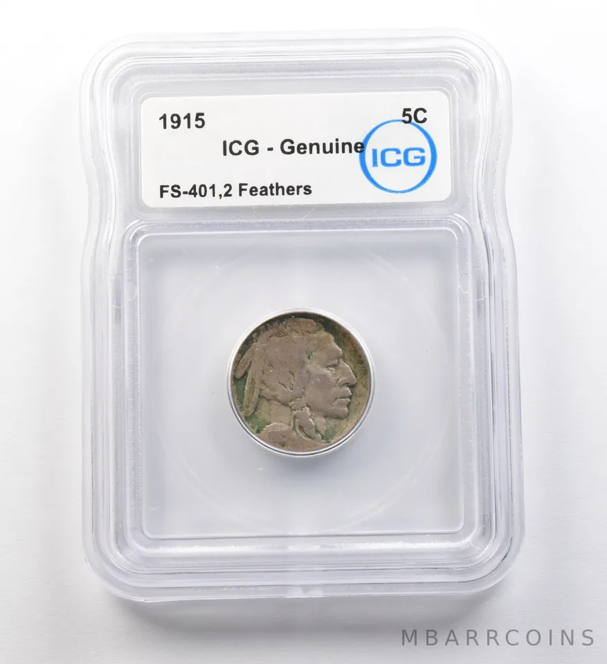 1915 Indian Head Buffalo Nickel FS-401 2 Feathers Genuine ICG ERROR a8201