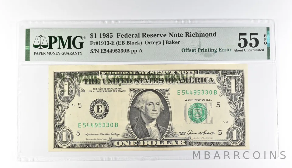 PMG 55 AU EPQ $1 1985 FRN Richmond Fr#1913-E Offset Printing Error *3189