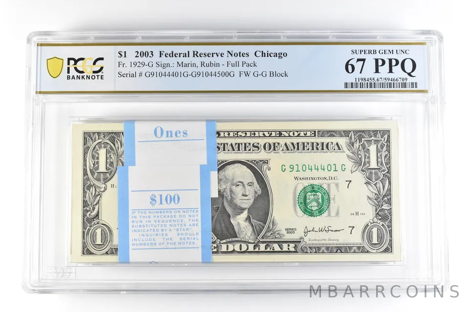 (100) 2003 $1 Chicago IL FRN Fr#1929-G Full Pack Gem Unc 67 PPQ PCGS *9864