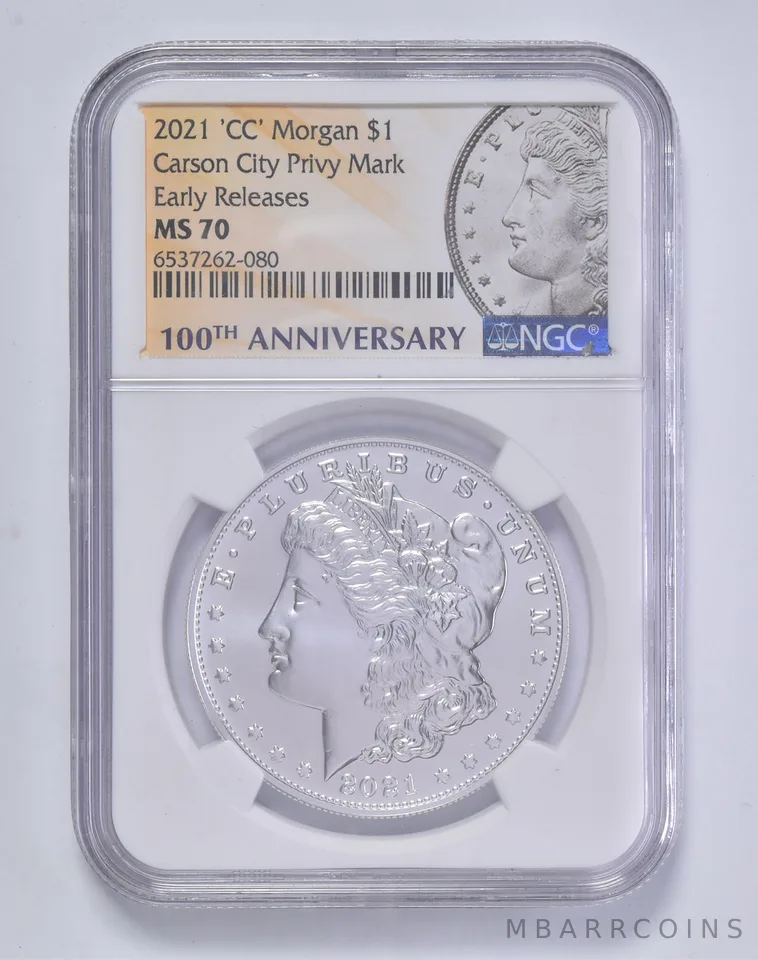 2021-CC Morgan Silver Dollar $1 MS70 NGC 100th Anniversary Lbl ER