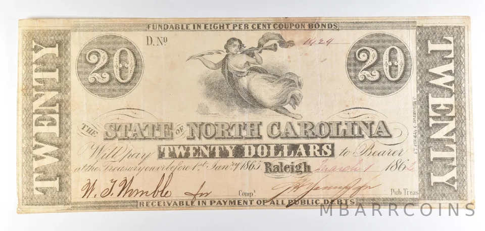 1862 $20 State Of North Carolina Obsolete Note *8744