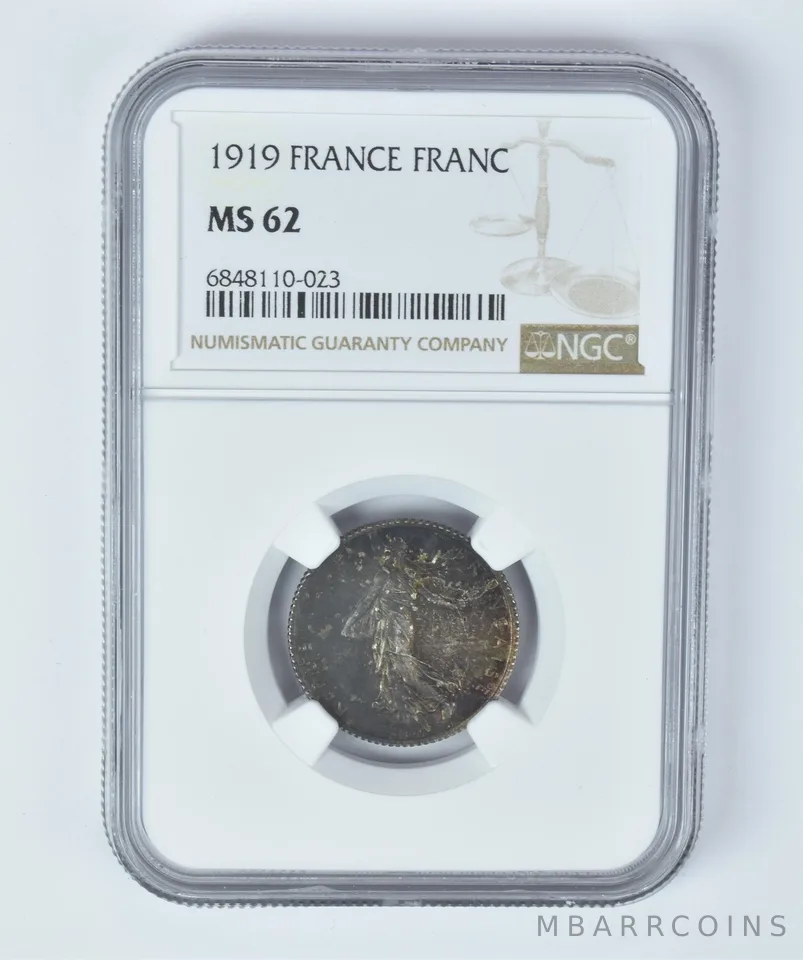 MS62 1919 France 1 Franc NGC Beautifully Toned *5317