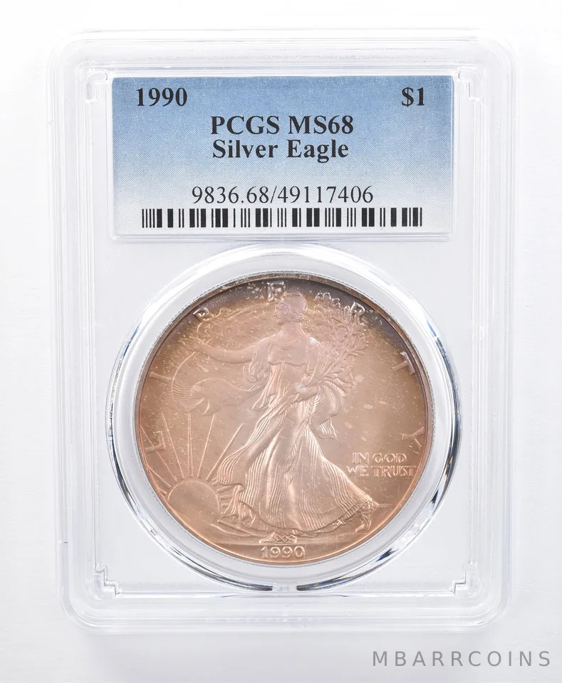 1990 American Silver Eagle MS68 PCGS Orange/Purple Tone *8588