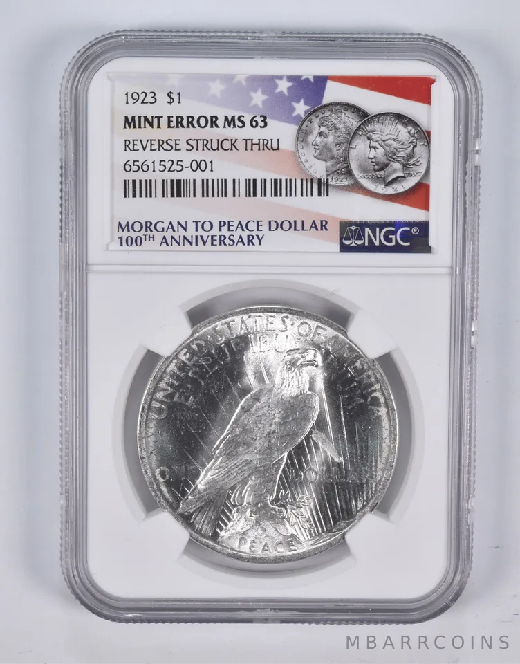 Error MS63 1923 Peace Silver Eagle REV Struck Thru 100th Anniversary NGC a2365