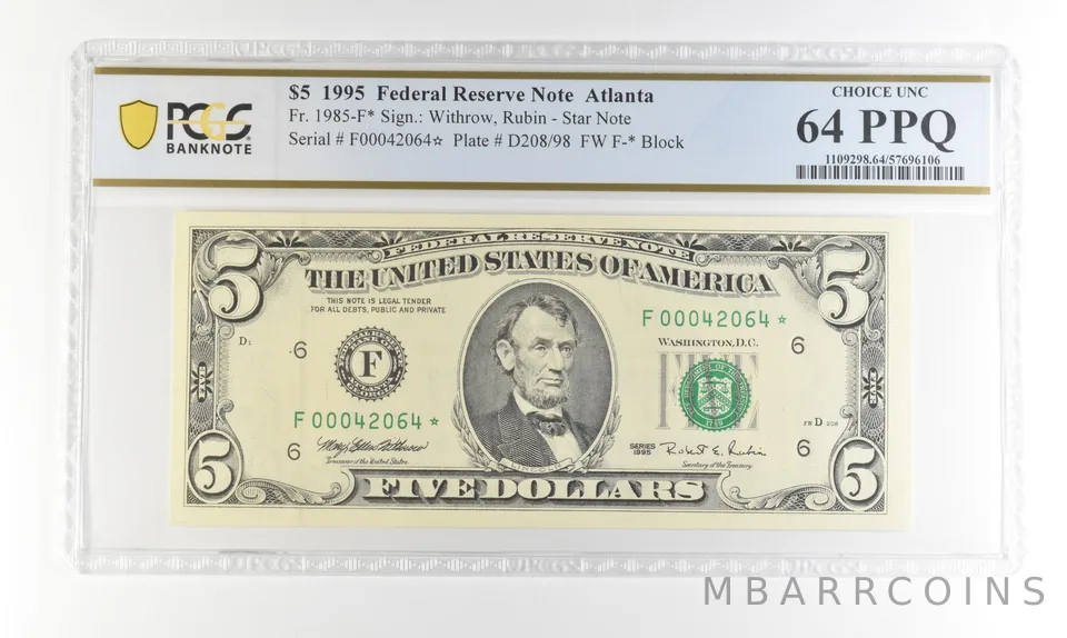 1995 $5 FRN Atlanta GA Fr#1985-F* Star Error Choice Unc 64 PPQ PCGS *4238