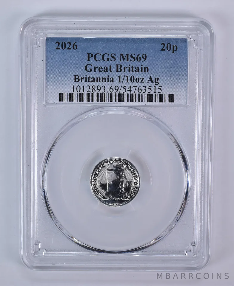 2026 Great Britain 20 Pence Silver Britannia 1/10 Oz Silver MS69 PCGS