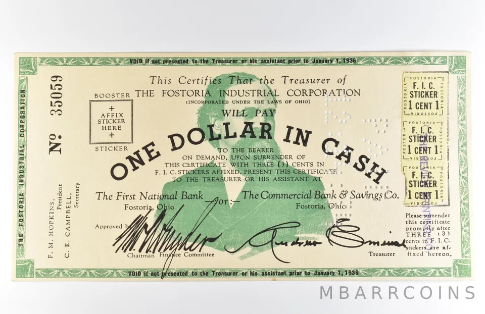 1936 $1 Fostoria OH Industrial Corporation Obsolete Note *8583