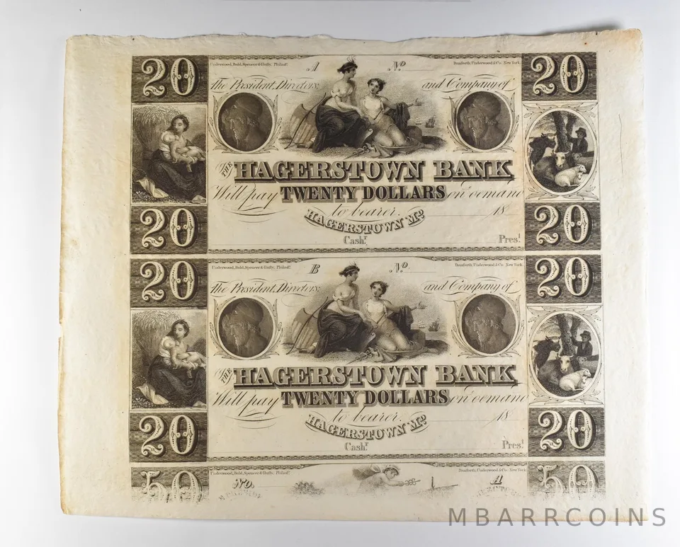 Lot (2) 1800s $20 Hagerstown MD Bank Obsolete Note Uncut *8710