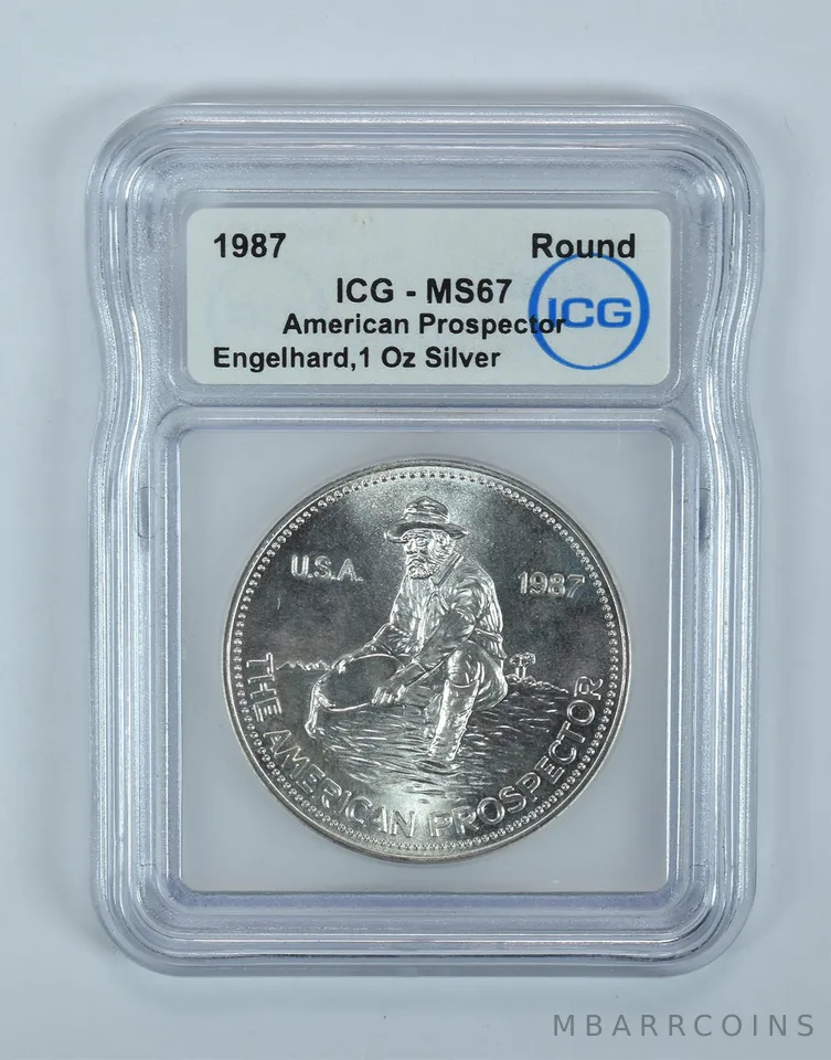 1987 Engelhard American Prospector 1 Troy Oz Silver Round MS67 ICG