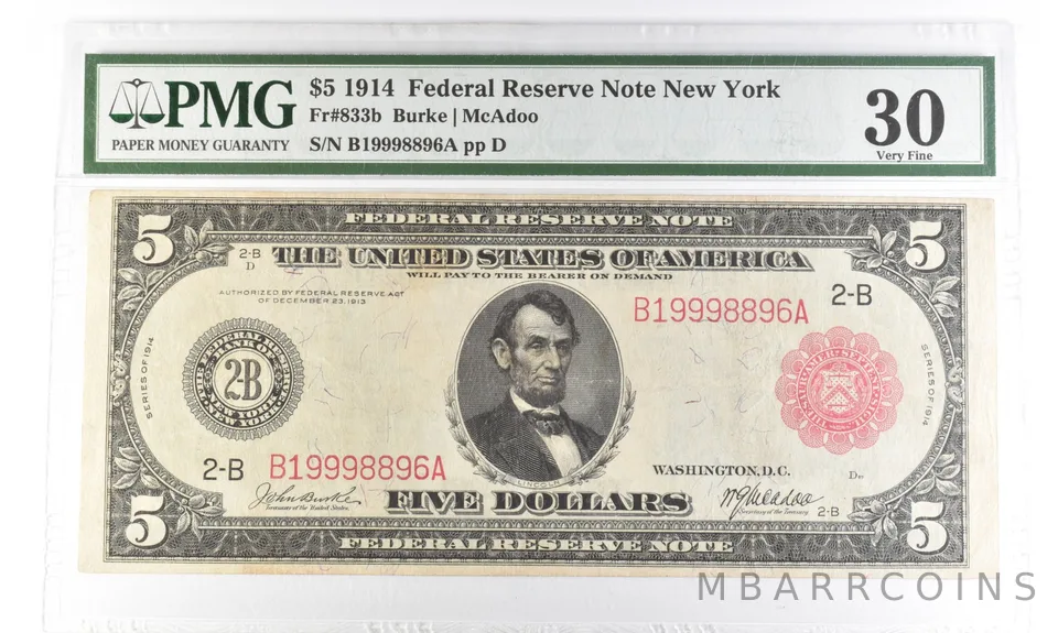 1914 $5 New York NY FRN Fr#833b Large Note Very Fine 30 PMG *5475