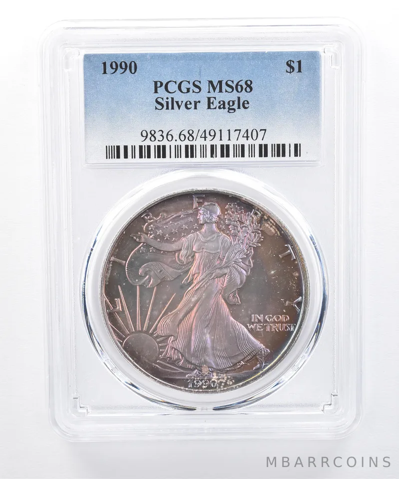1990 American Silver Eagle MS68 PCGS Purple/Orange Tone *8402