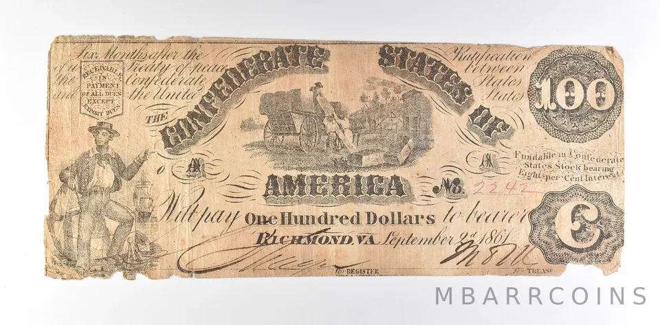 1861 $100 Confederate States Of America T-13 Large Note a8608