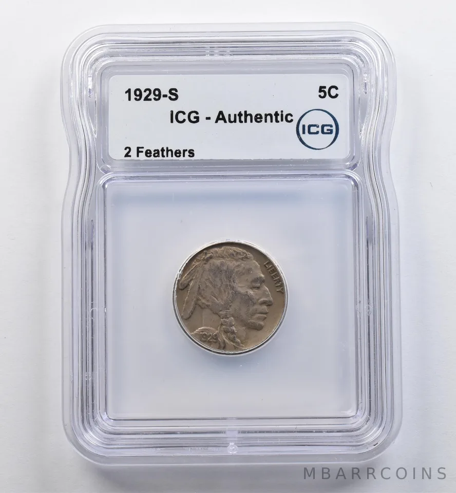 1929-S Indian Head Buffalo Nickel 2 Feathers Authentic ICG *9010